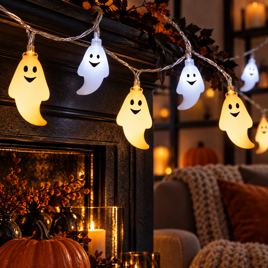 Halloween ghost LED string lights in warm white and white