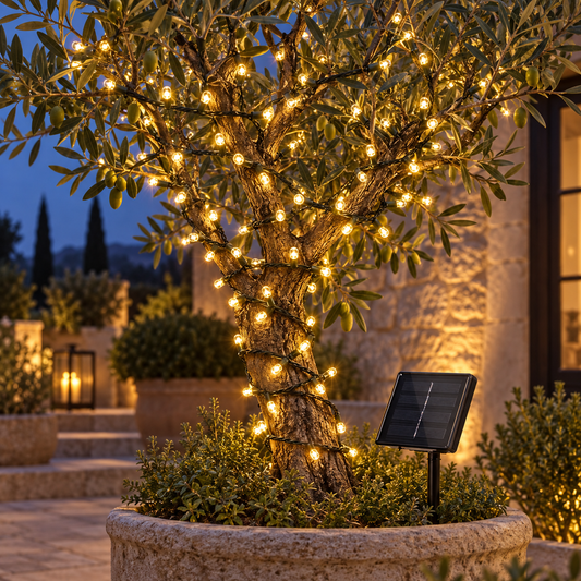 Warm White solar LED string lights in a patio