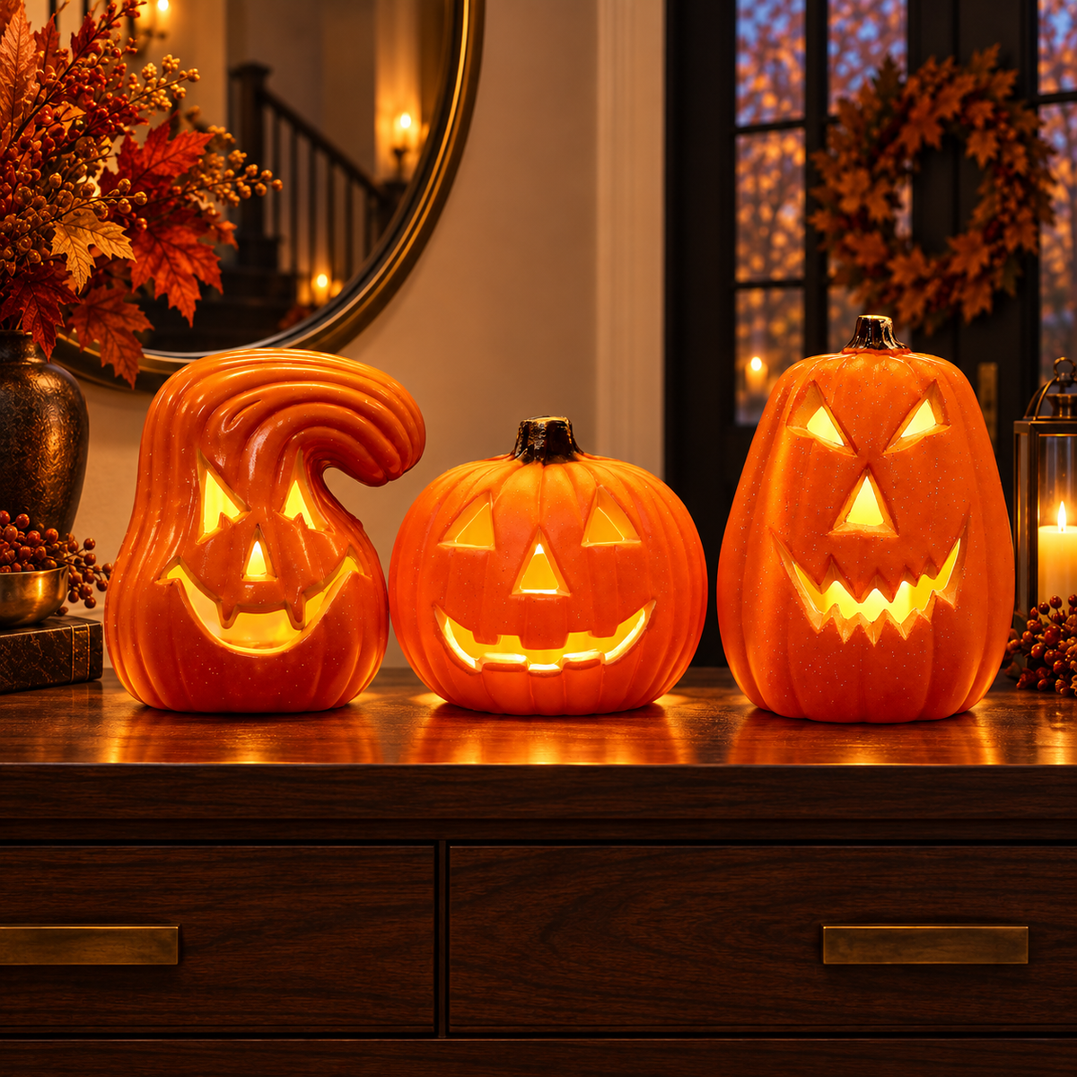 Three LED pumpkin lantern designs glowing in a luxury autumn entryway