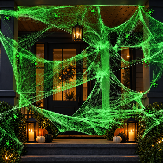 Glow-in-the-dark Halloween cobweb on an elegant porch