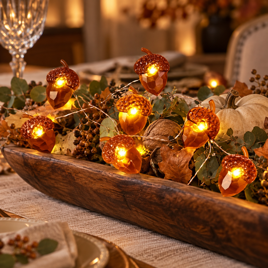 Warm white acorn string lights styled on an autumn dining table