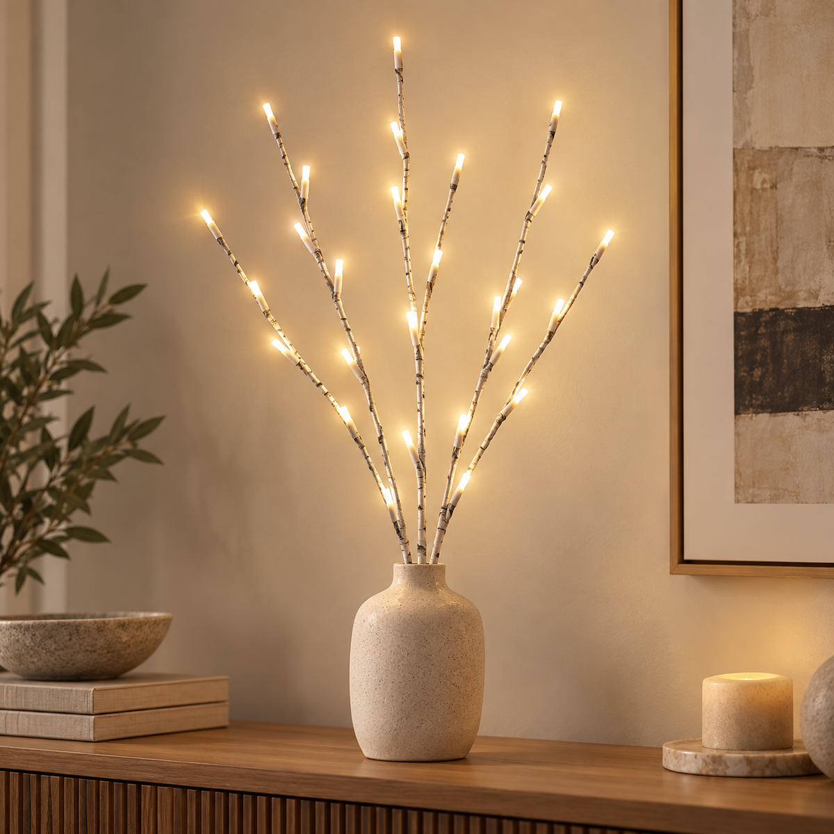 Single warm white birch branch light styled in a luxury interior; vase not included