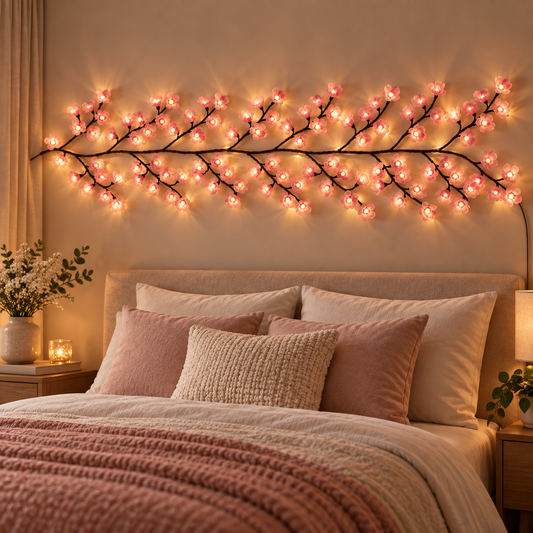 Pink cherry blossom branch lights in a luxury bedroom