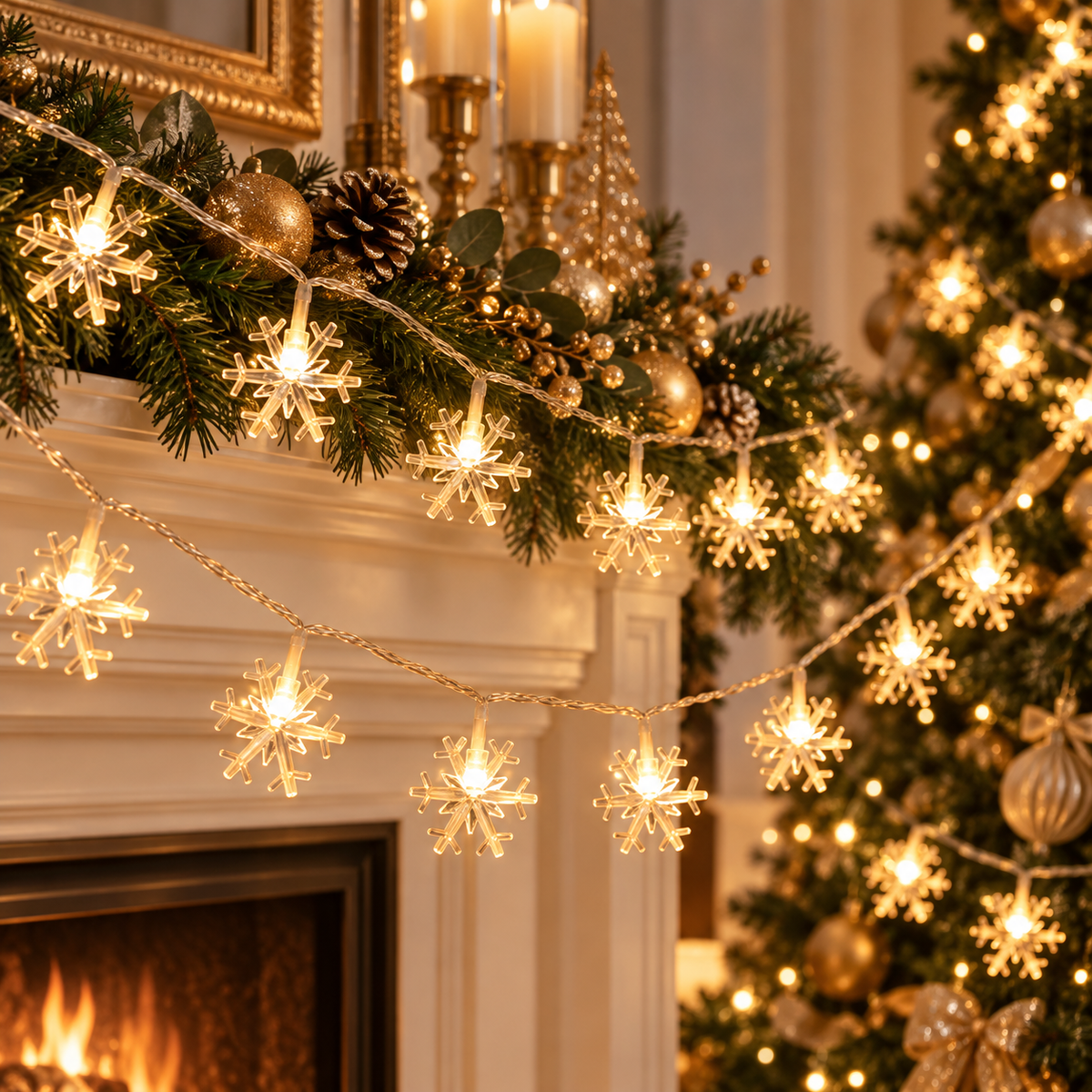 Snowflake LED string lights in a luxury Christmas fireplace display