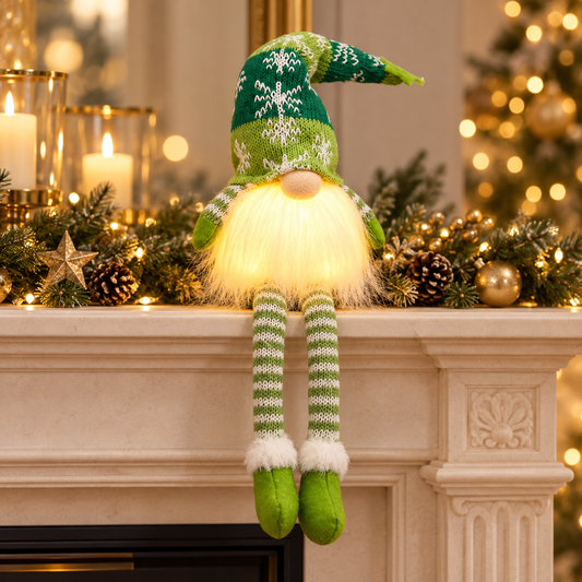 Green snowflake long-legged LED Christmas gnome in a luxury interior