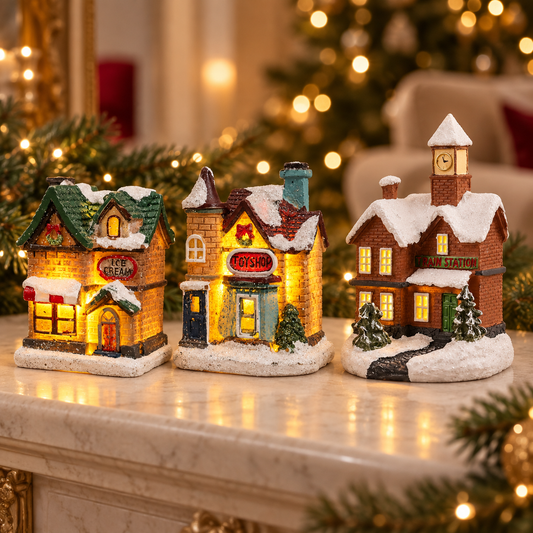 Miniature illuminated Christmas village houses in a luxury interior