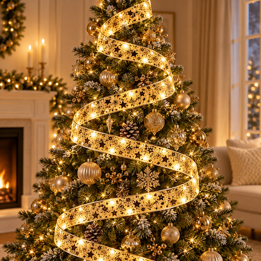 Illuminated Christmas ribbon on a luxury decorated tree