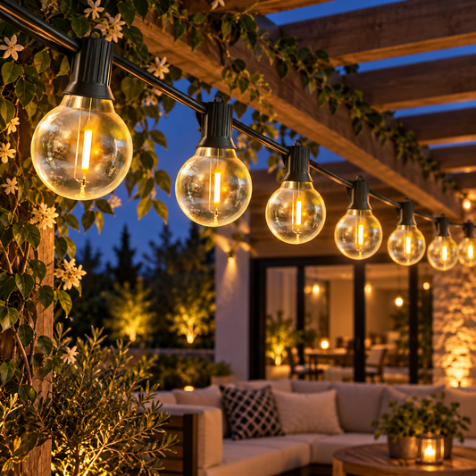 G40 globe string lights on a luxury patio