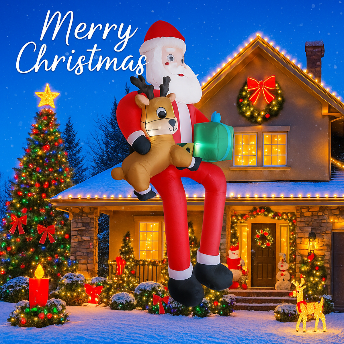 Inflatable Santa Claus with reindeer and gift angled view
