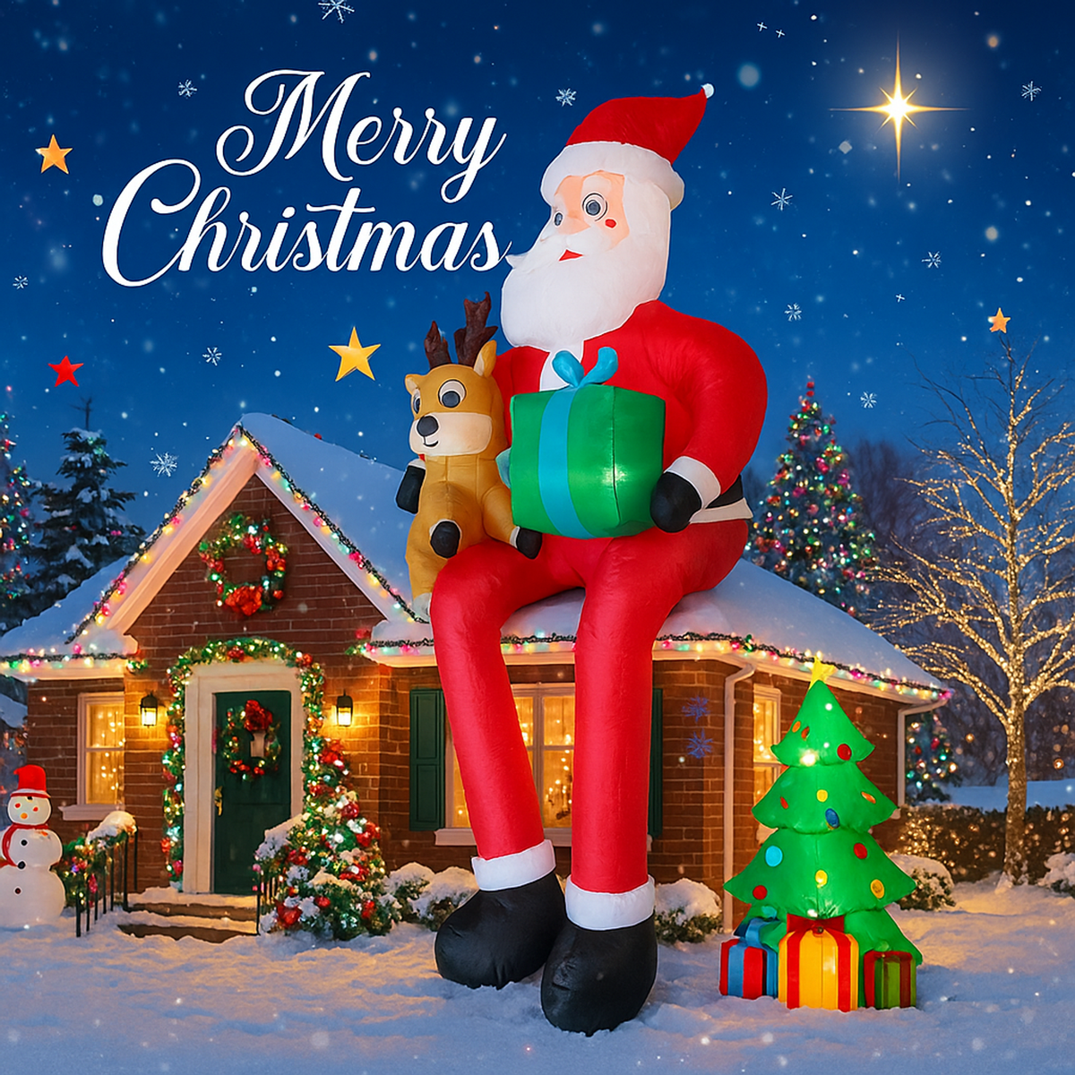 Inflatable Santa Claus with reindeer and gift front view