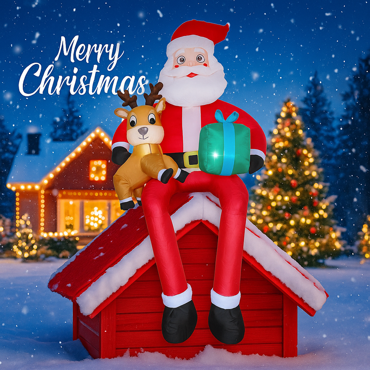 Inflatable Santa Claus with reindeer and gift nighttime display