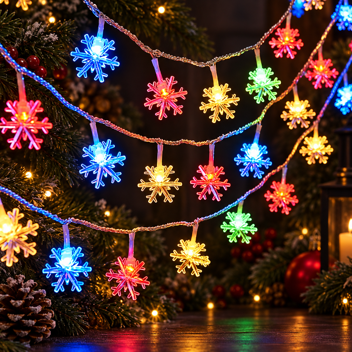 Multicolour snowflake LED string lights