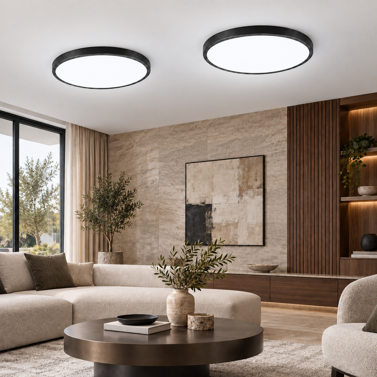 Set of two black-rim ultra-thin LED panel ceiling lights with cool white illumination in a luxury interior