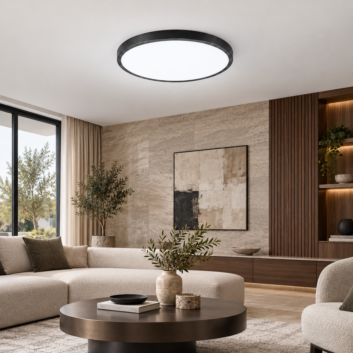 Single black-rim ultra-thin LED panel ceiling light with cool white illumination in a luxury interior