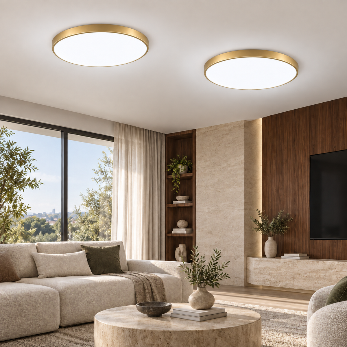 Set of two gold-rim ultra-thin LED panel ceiling lights with cool white illumination in a luxury interior