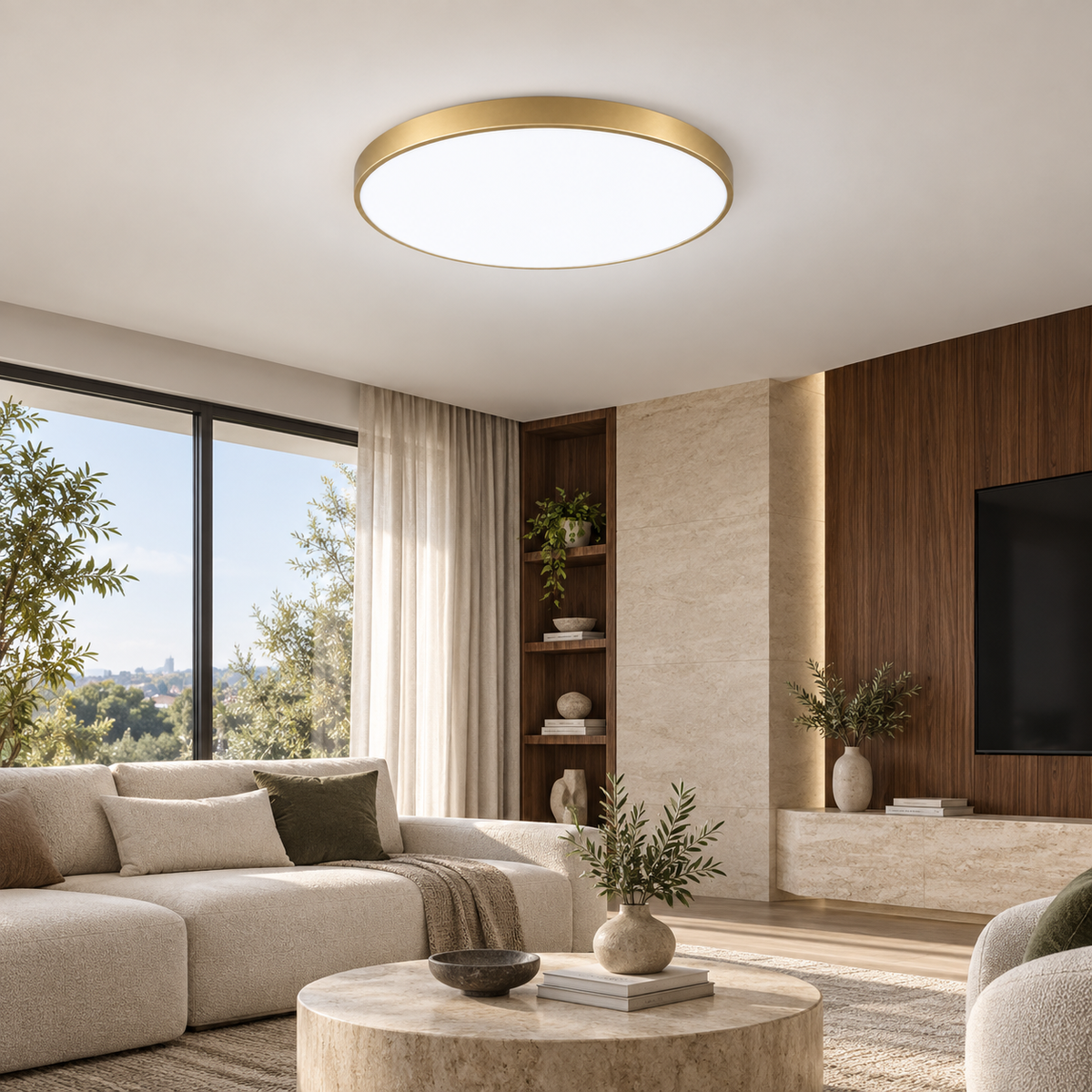 Single gold-rim ultra-thin LED panel ceiling light with cool white illumination in a luxury interior