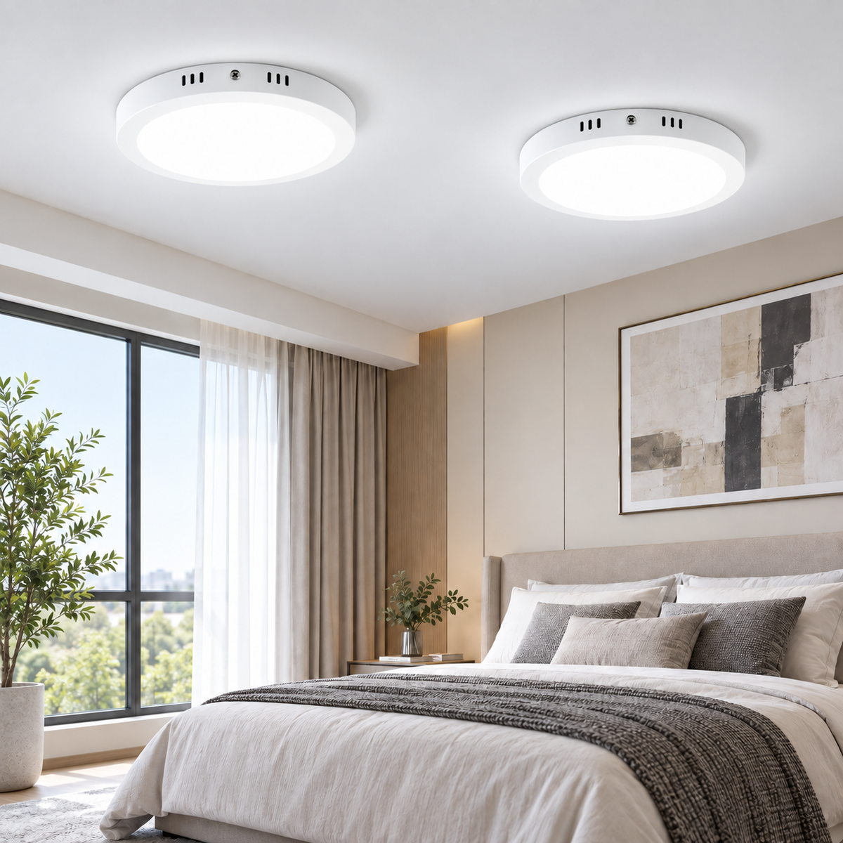 Set of two white round ultra-thin LED panel ceiling lights with cool white illumination in a luxury interior