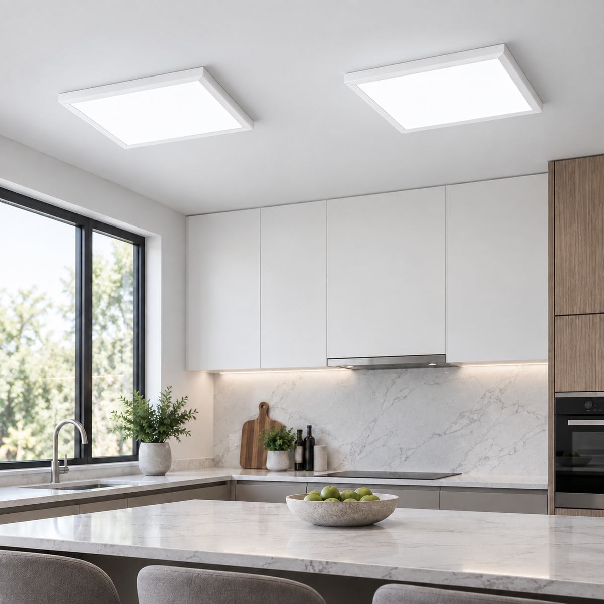 Set of two white square ultra-thin LED panel ceiling lights with cool white illumination in a luxury kitchen