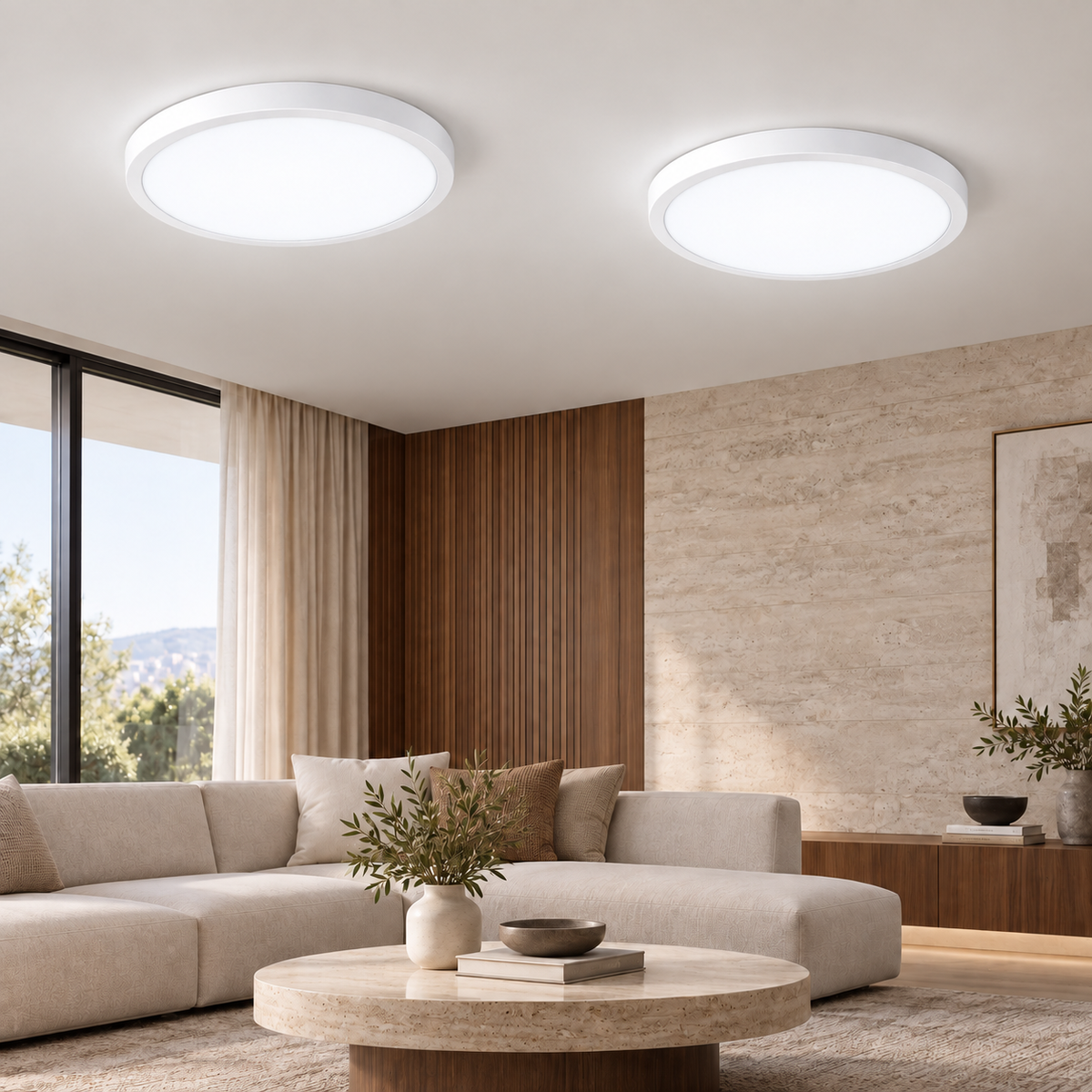Set of two white-rim ultra-thin LED panel ceiling lights with cool white illumination in a luxury interior