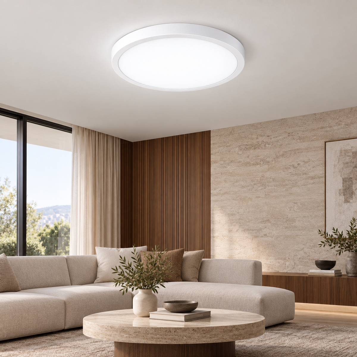 Single white-rim ultra-thin LED panel ceiling light with cool white illumination in a luxury interior