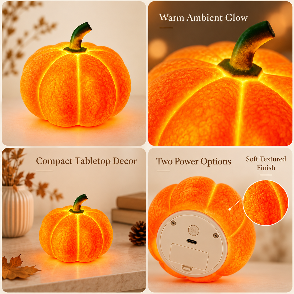 Pumpkin night light feature collage showing ambient glow, tabletop use and power options