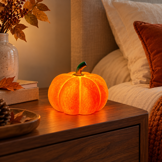 Warm-white pumpkin night light glowing on a luxury bedroom side table