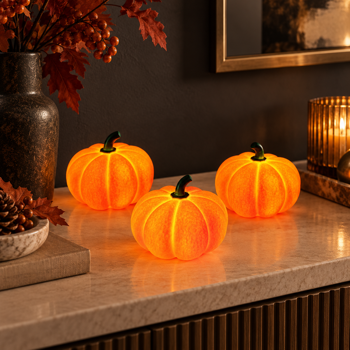 Warm-white pumpkin night lights styled on an elegant living room console