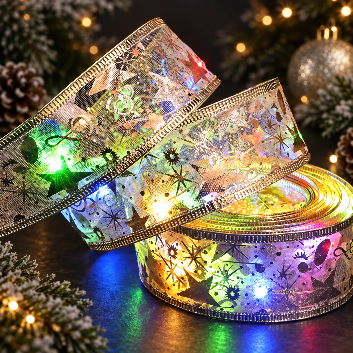 Silver ribbon with multicolour LED lights