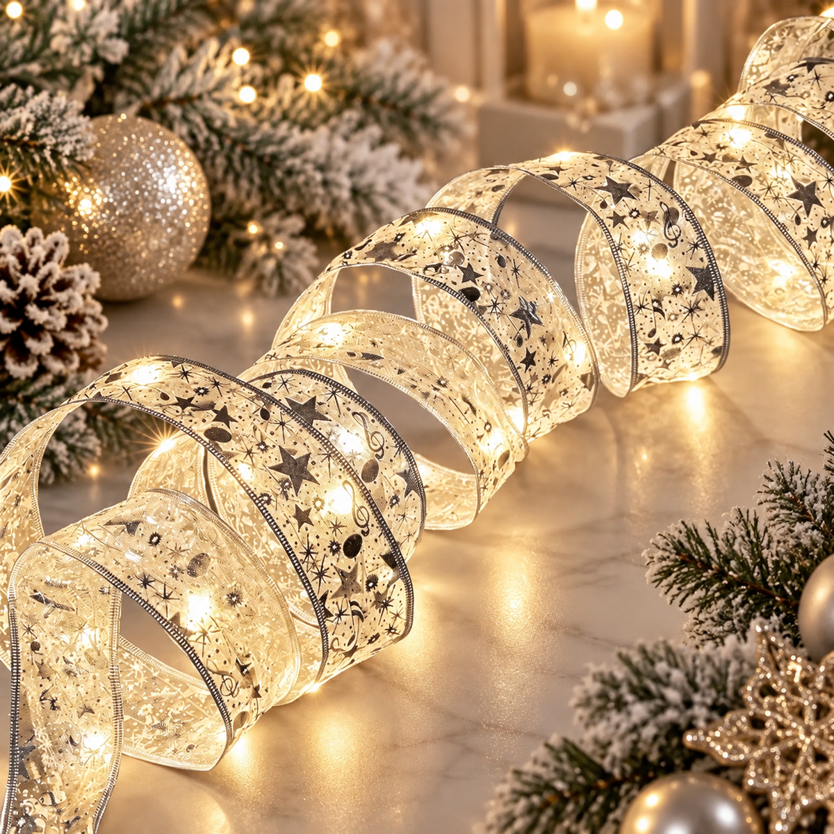 Silver ribbon with warm-white LED lights