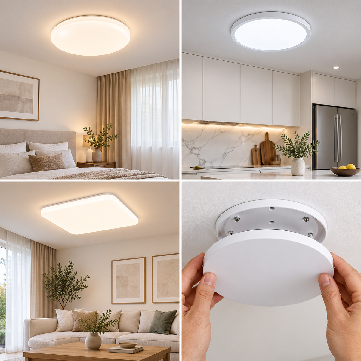 Ultra-thin LED ceiling-light feature and installation collage