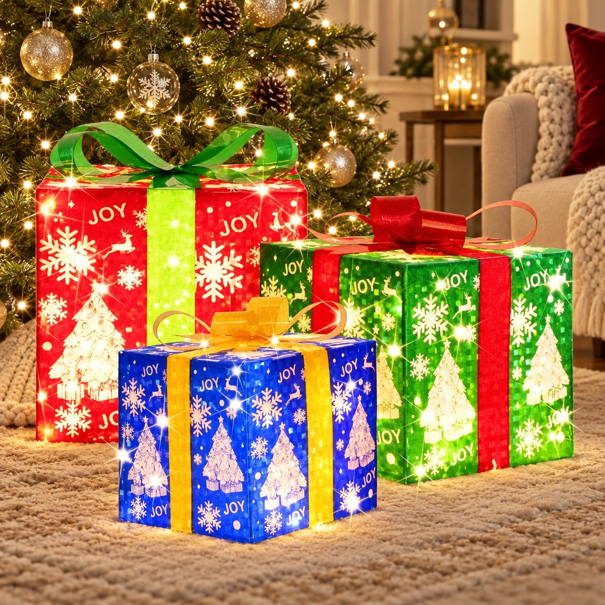 Christmas Print gift box light set — red, green and blue