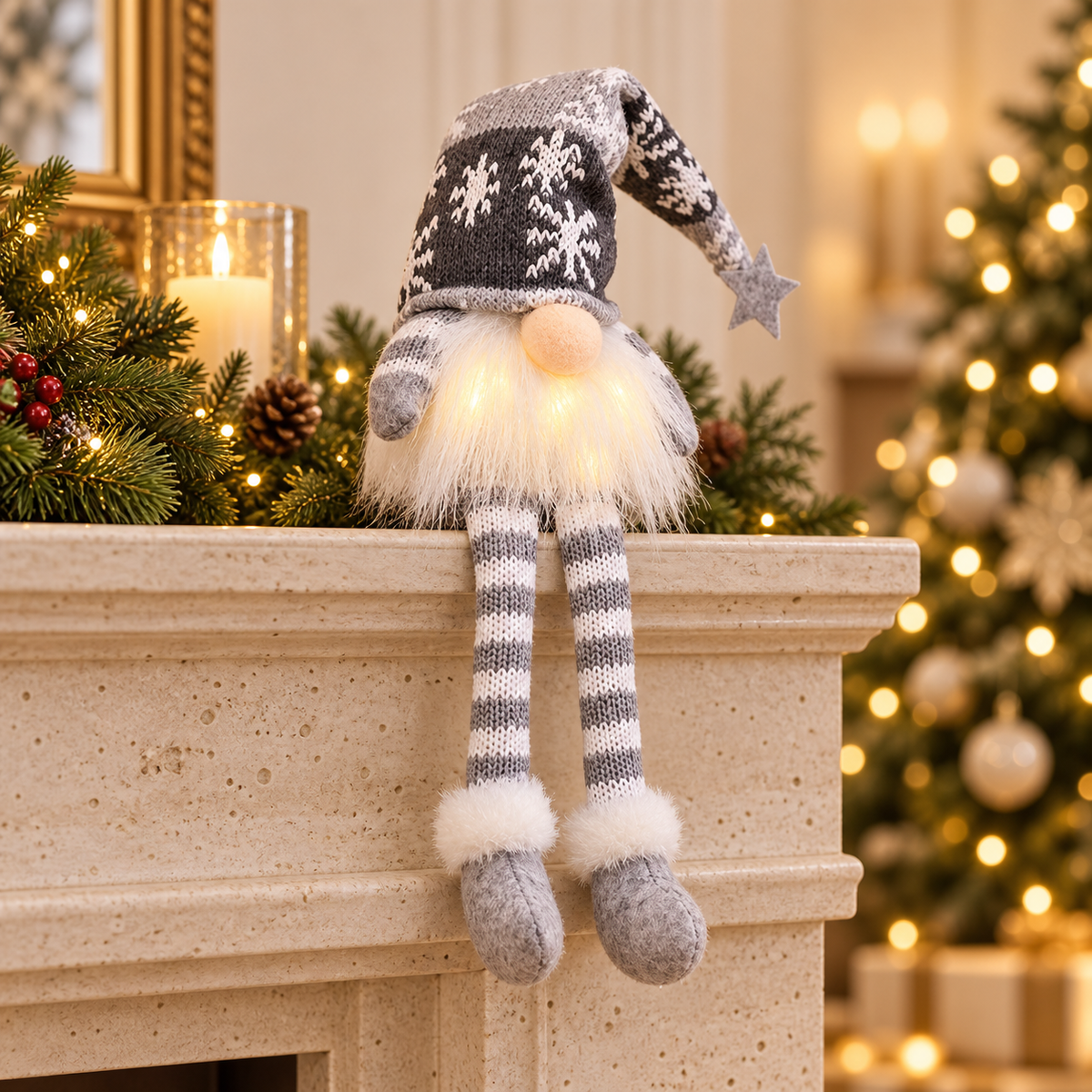 Grey Snowflake — Long Legs LED Christmas gnome decoration