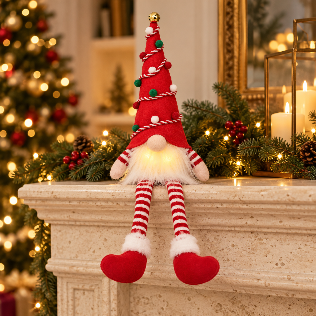 Red Tree Hat — Long Legs LED Christmas gnome decoration