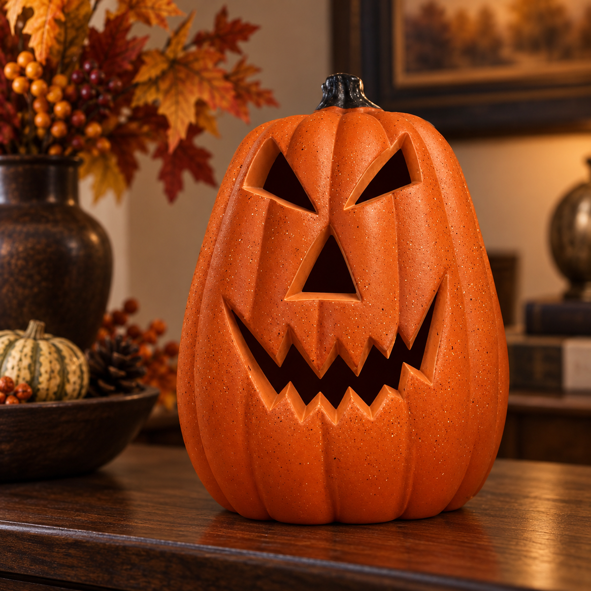 Tall Jagged-Grin Halloween pumpkin decoration, shown unlit