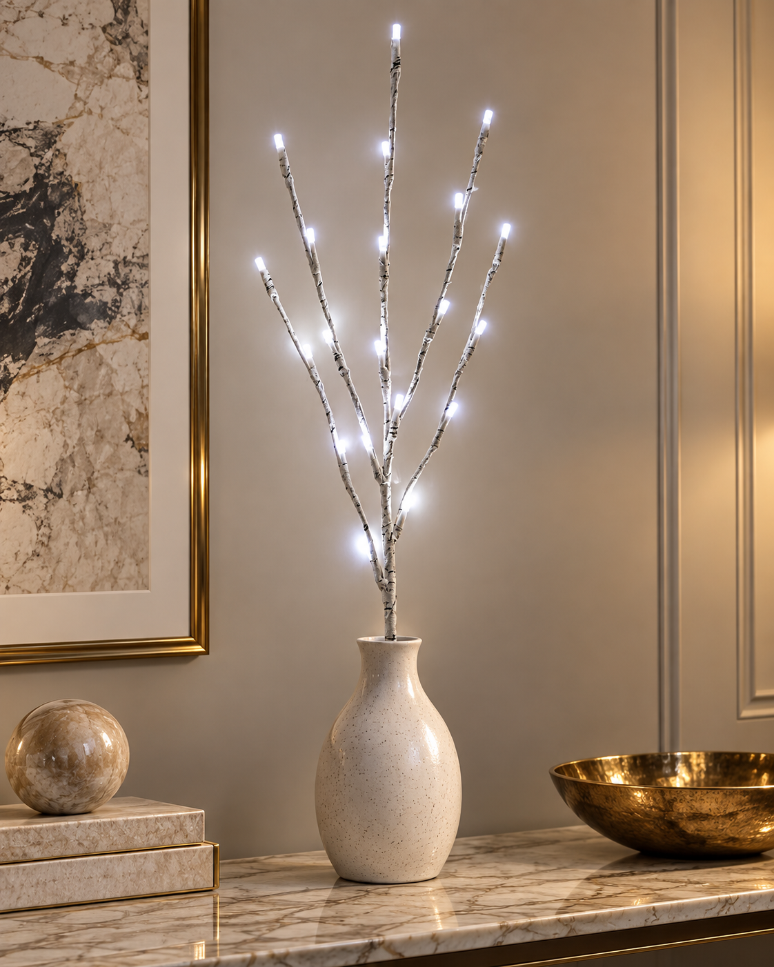 Cool White — 20 LED white birch branch light; vase not included