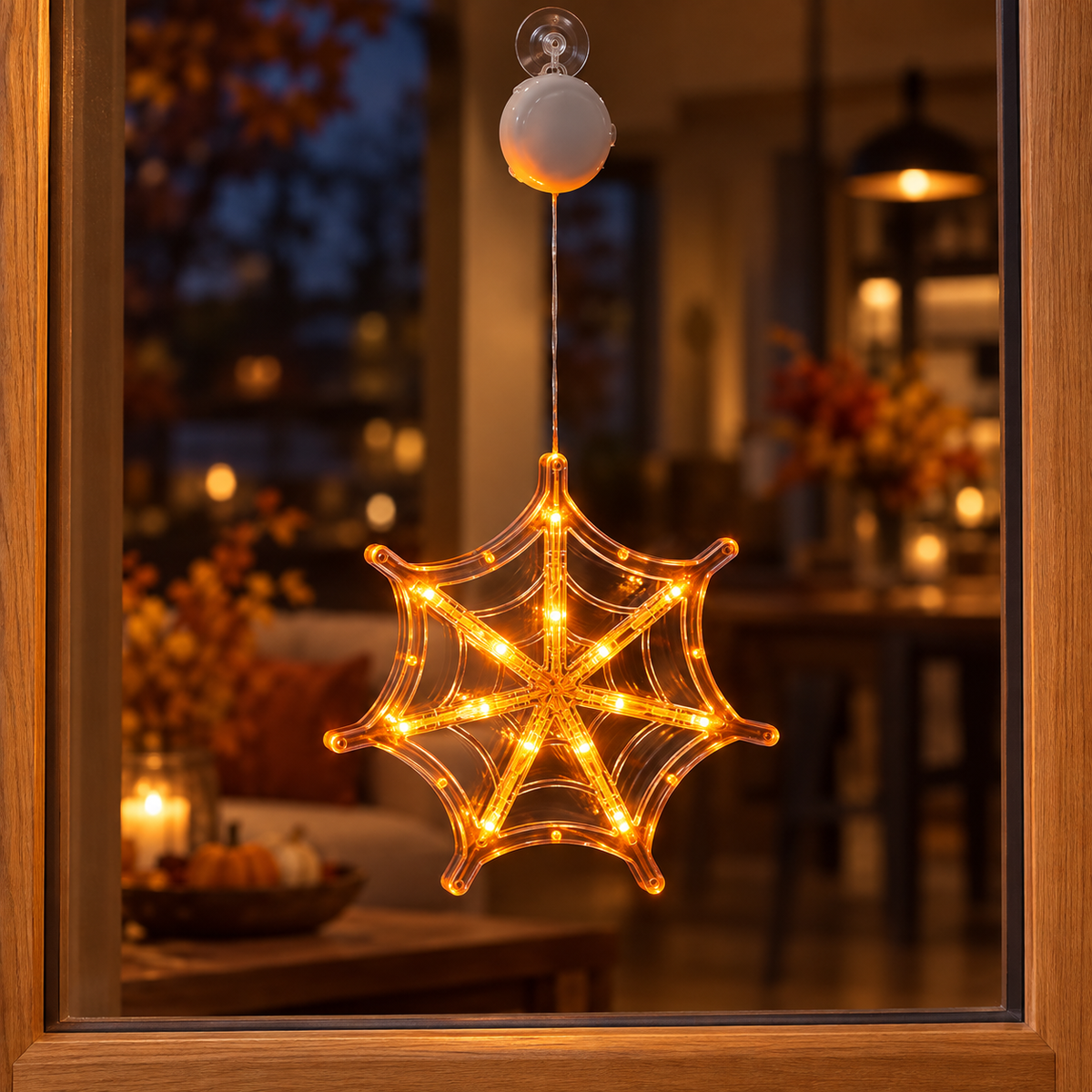Spider Web Halloween window light with suction-cup mounting