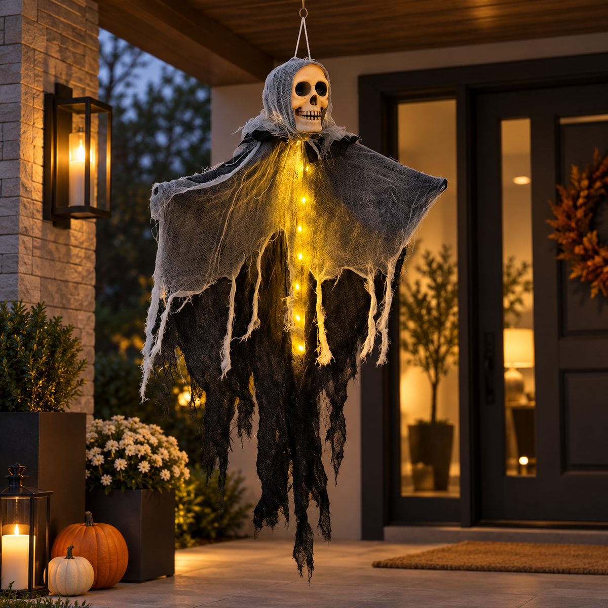 Hanging skeleton ghost with warm LED string lights