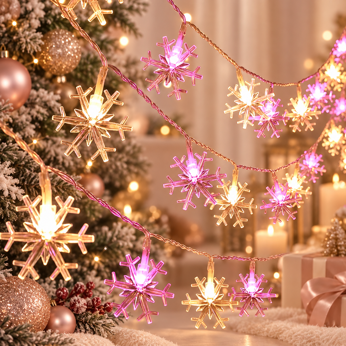 Warm pink snowflake LED string lights