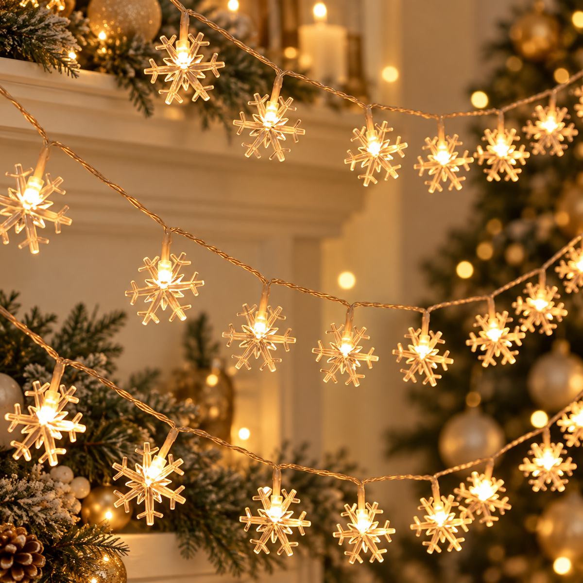 Warm-white snowflake LED string lights