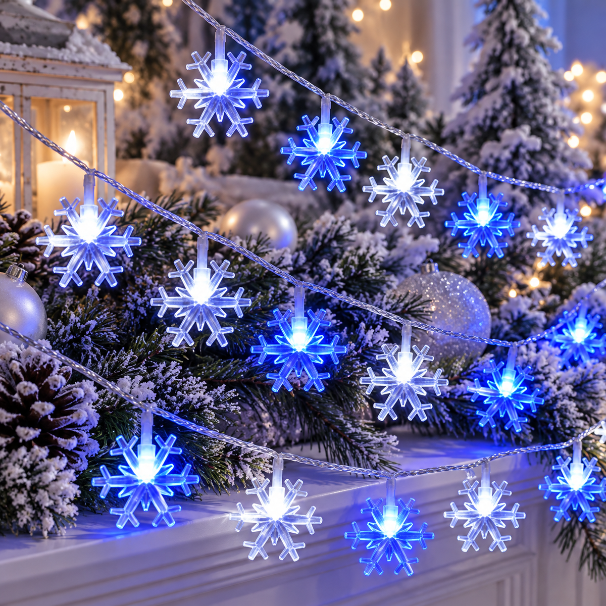 White and blue snowflake LED string lights
